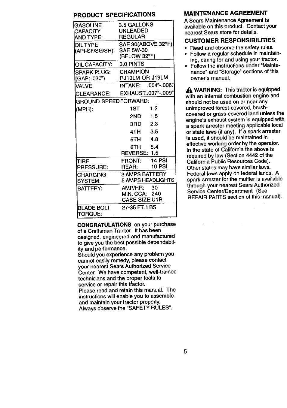 Maintenance agreement, Customer responsibilities | Craftsman 917.270831 User Manual | Page 5 / 56