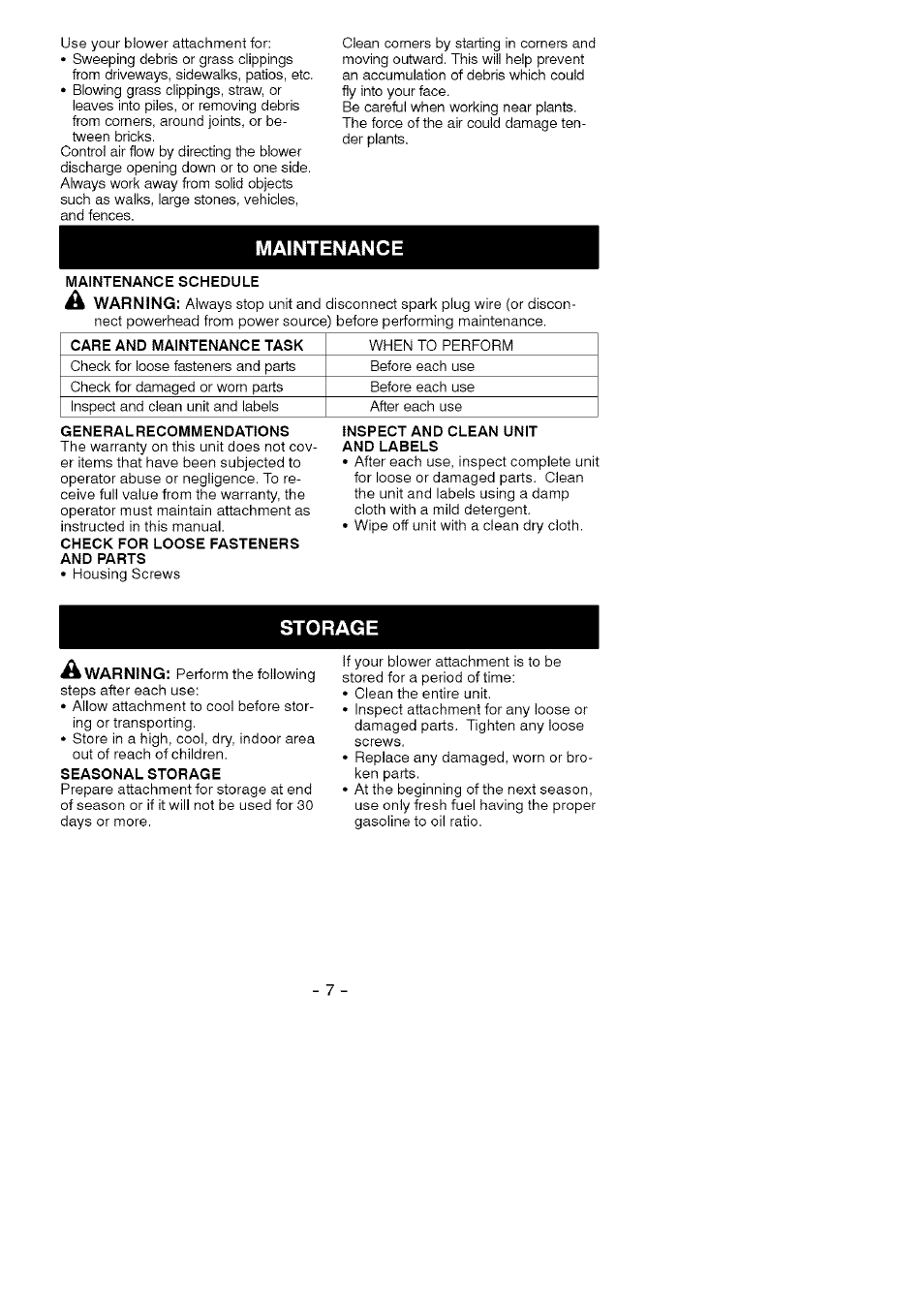 Maintenance, Storage | Craftsman 358.792421 User Manual | Page 7 / 14
