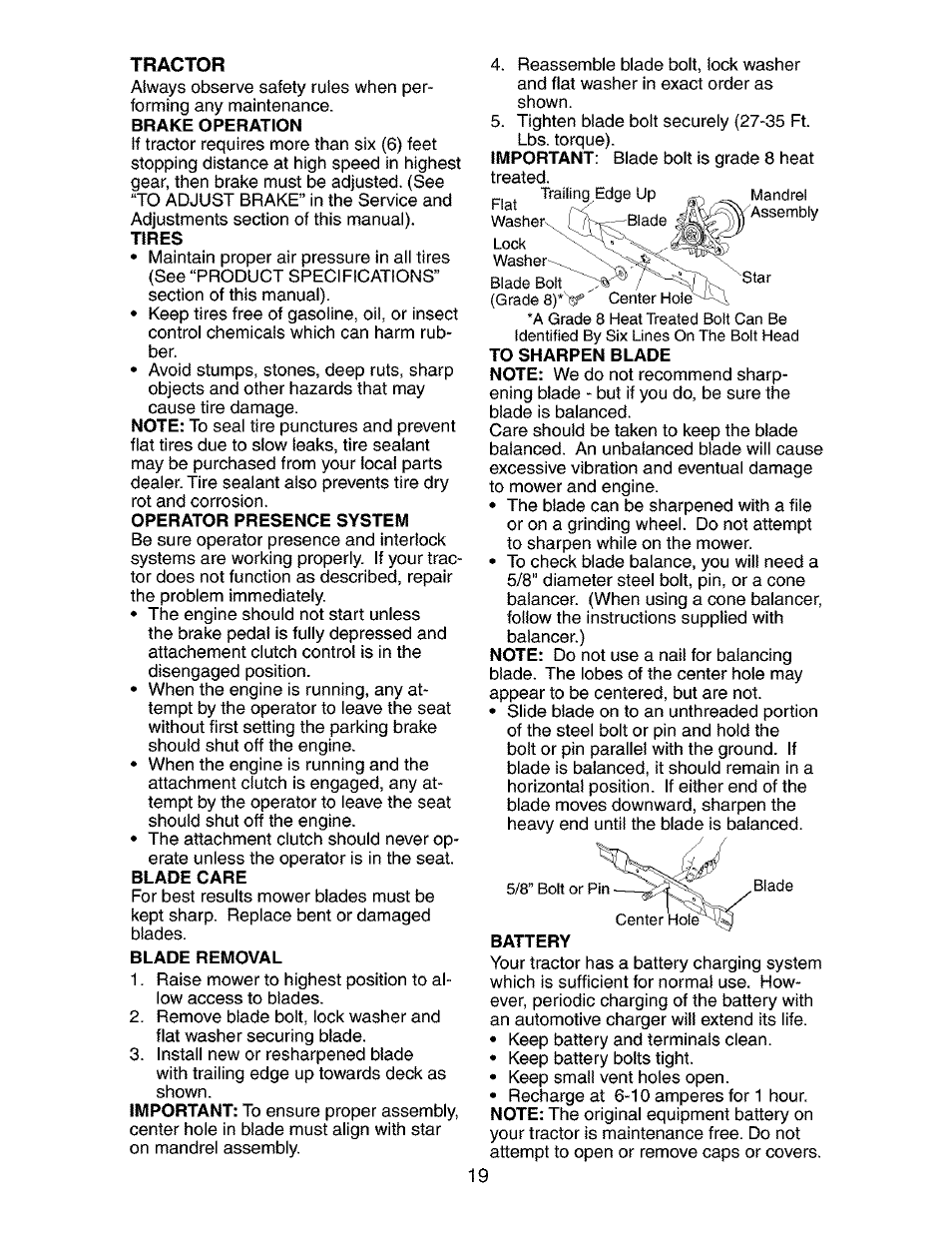 Tractor, Operator presence system, Blade care | Blade removal, Battery | Craftsman 917.273481 User Manual | Page 19 / 60