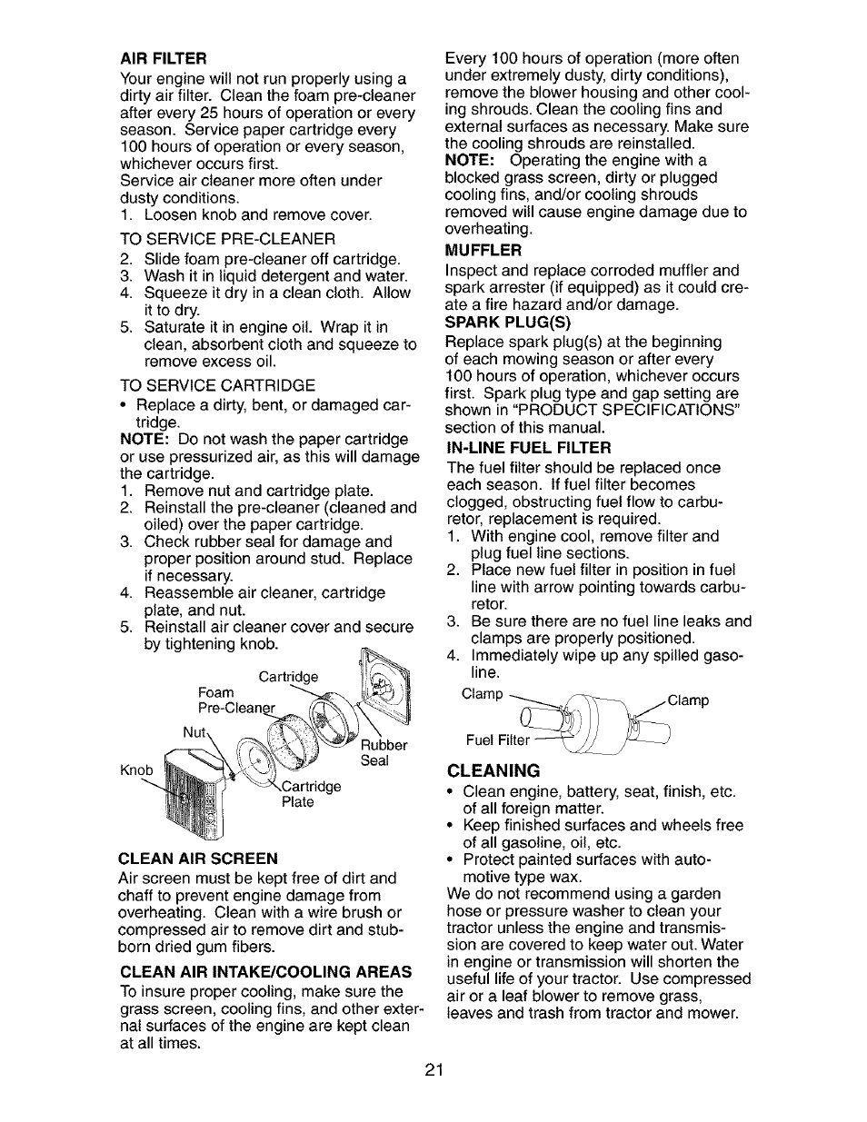 Clean air screen, Clean air intake/cooling areas, Muffler | Spark plug(s) | Craftsman 917.273481 User Manual | Page 21 / 60