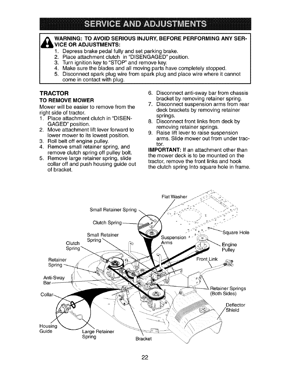 Tractor, To remove mower, Adjustments | Service and | Craftsman 917.273481 User Manual | Page 22 / 60