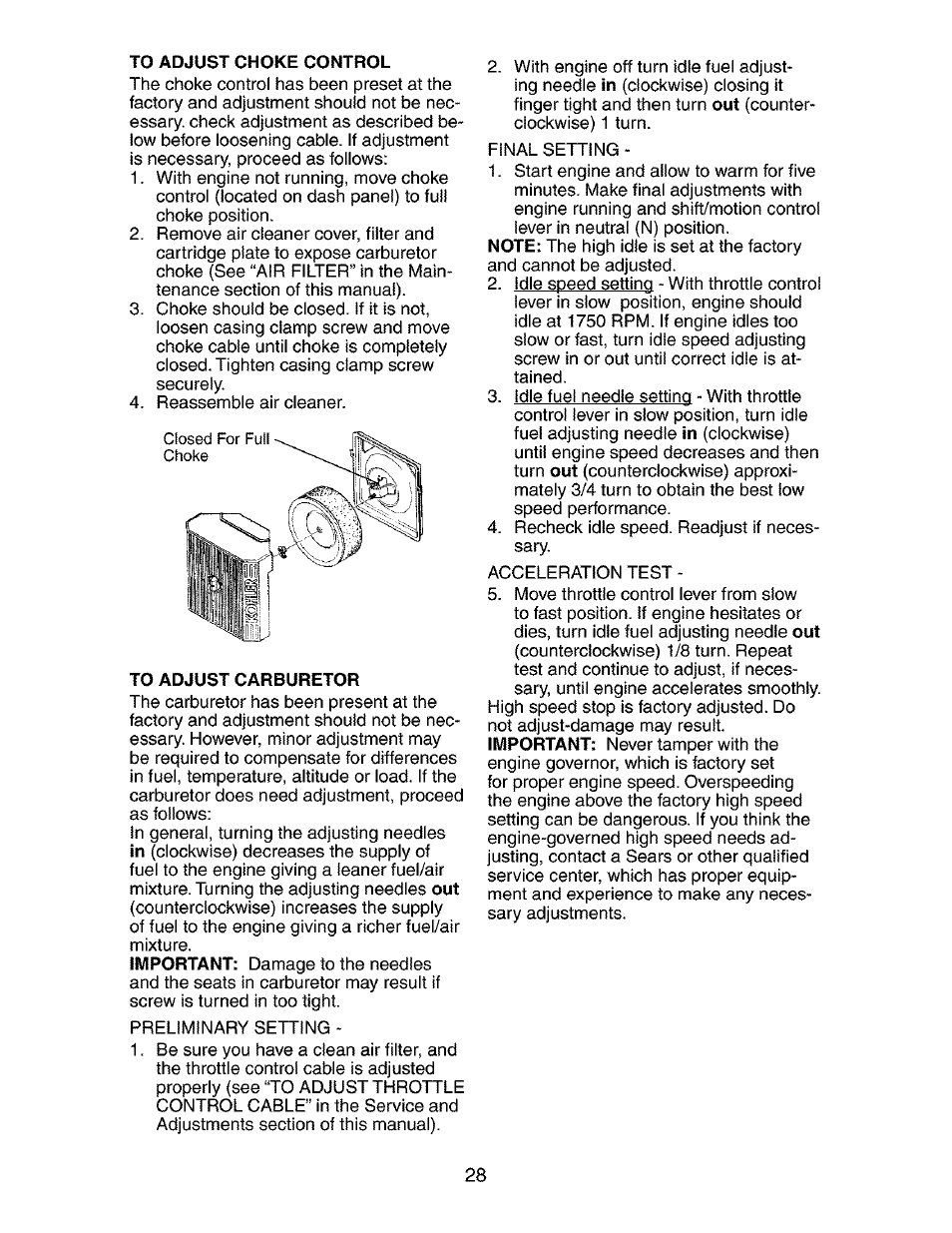 To adjust carburetor | Craftsman 917.273481 User Manual | Page 28 / 60