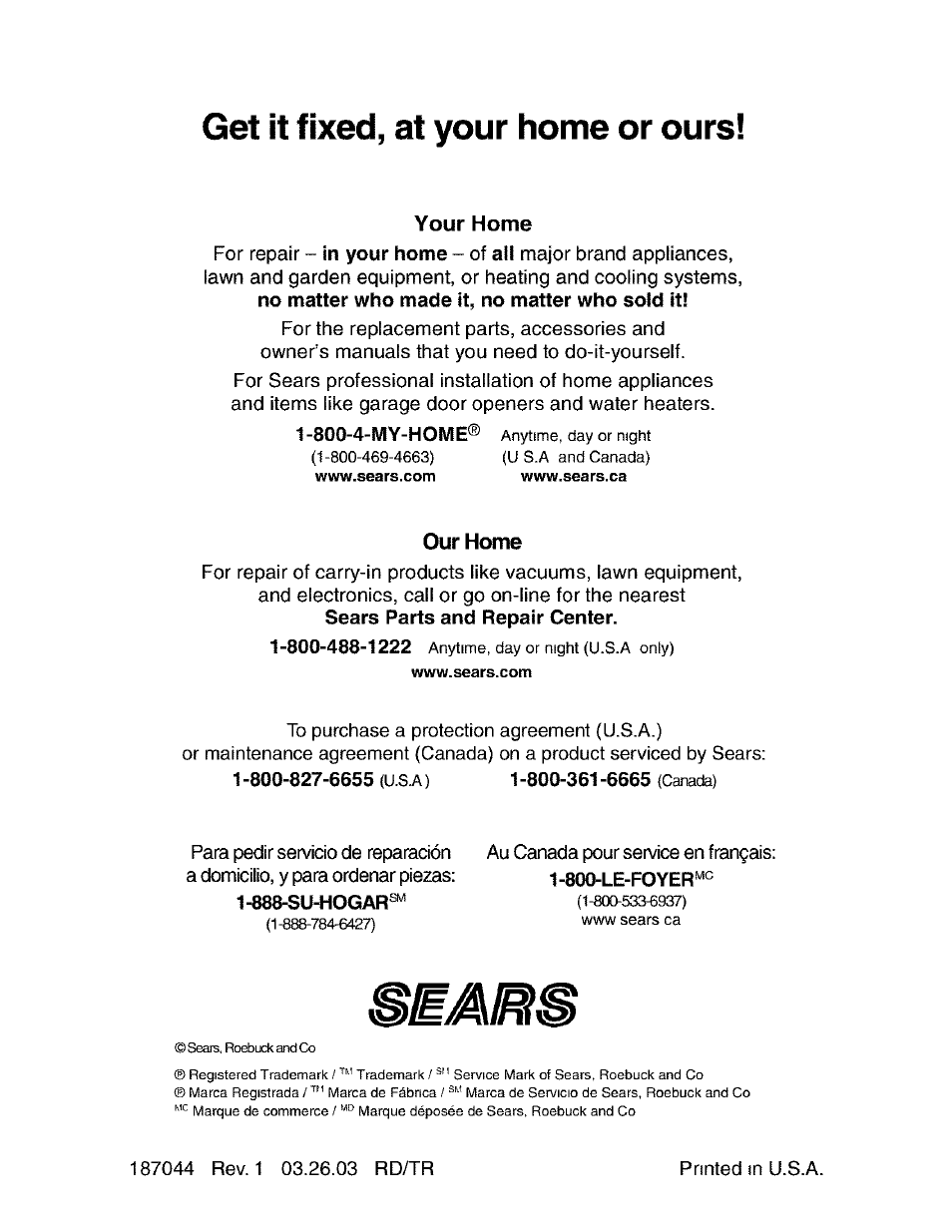 Your home, Our home, Get it fixed, at your home or ours | Craftsman 917.273481 User Manual | Page 60 / 60