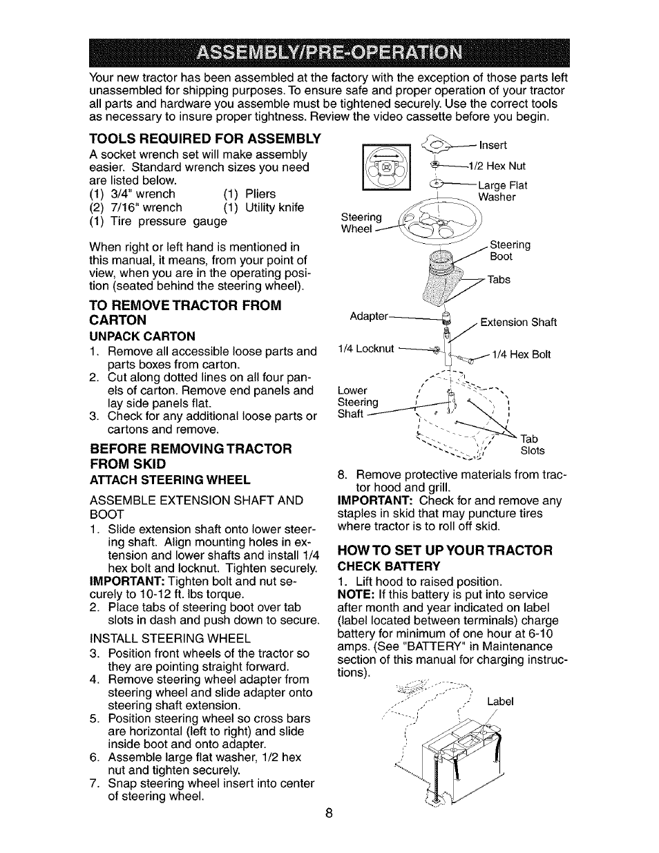 Assembly/pre-operation, Tools required for assembly, Before removing tractor from skid | Attach steering wheel | Craftsman 917.273481 User Manual | Page 8 / 60