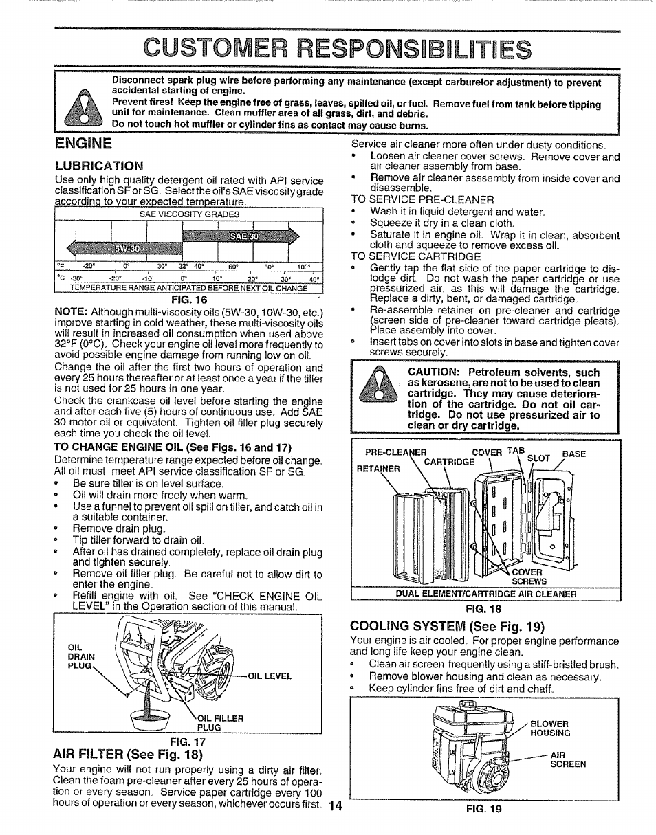 Cystoper respomsibilities, Cooling system (see fig. 19), Engine | Fig. 19 | Craftsman 917.295651 User Manual | Page 14 / 20