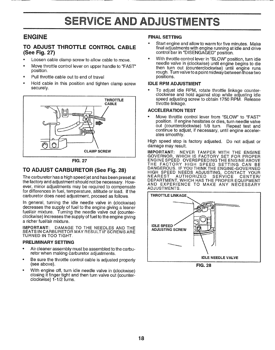 Engine, To adjust throttle control cable (see fig. 27), To adjust carburetor (see fig. 28) | Service and adjustments | Craftsman 917.295651 User Manual | Page 18 / 20