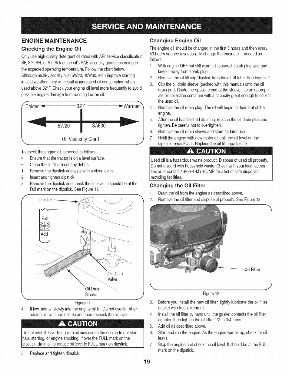 Engine maintenance checking the engine oil, A caution, Service and maintenance | Changing engine oil | Craftsman 247.28905 User Manual | Page 19 / 92