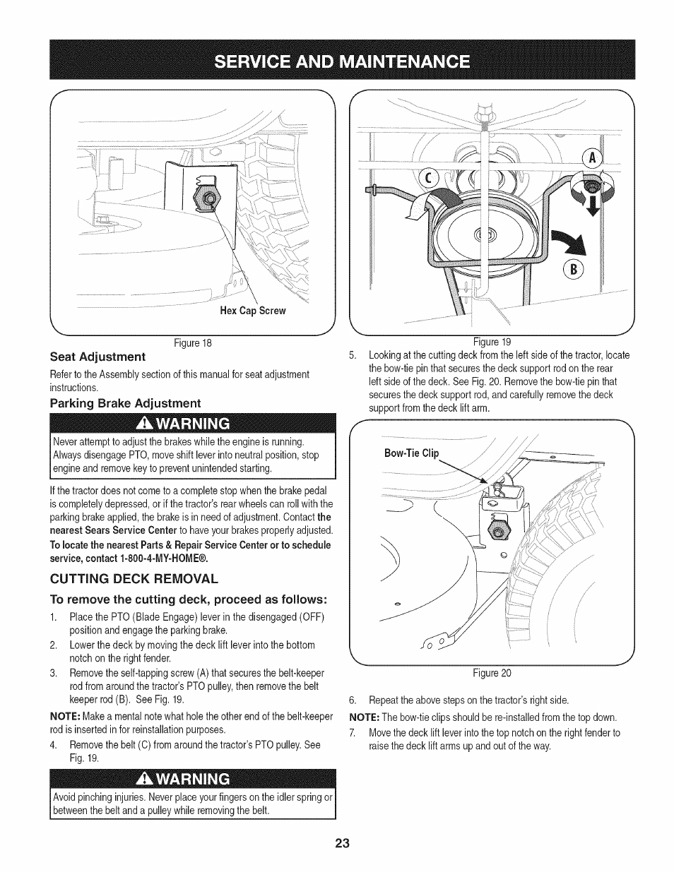 Parking brake adjustment, Awarning, Cutting deck removal | To remove the cutting deck, proceed as follows, Service and maintenance | Craftsman 247.28905 User Manual | Page 23 / 92