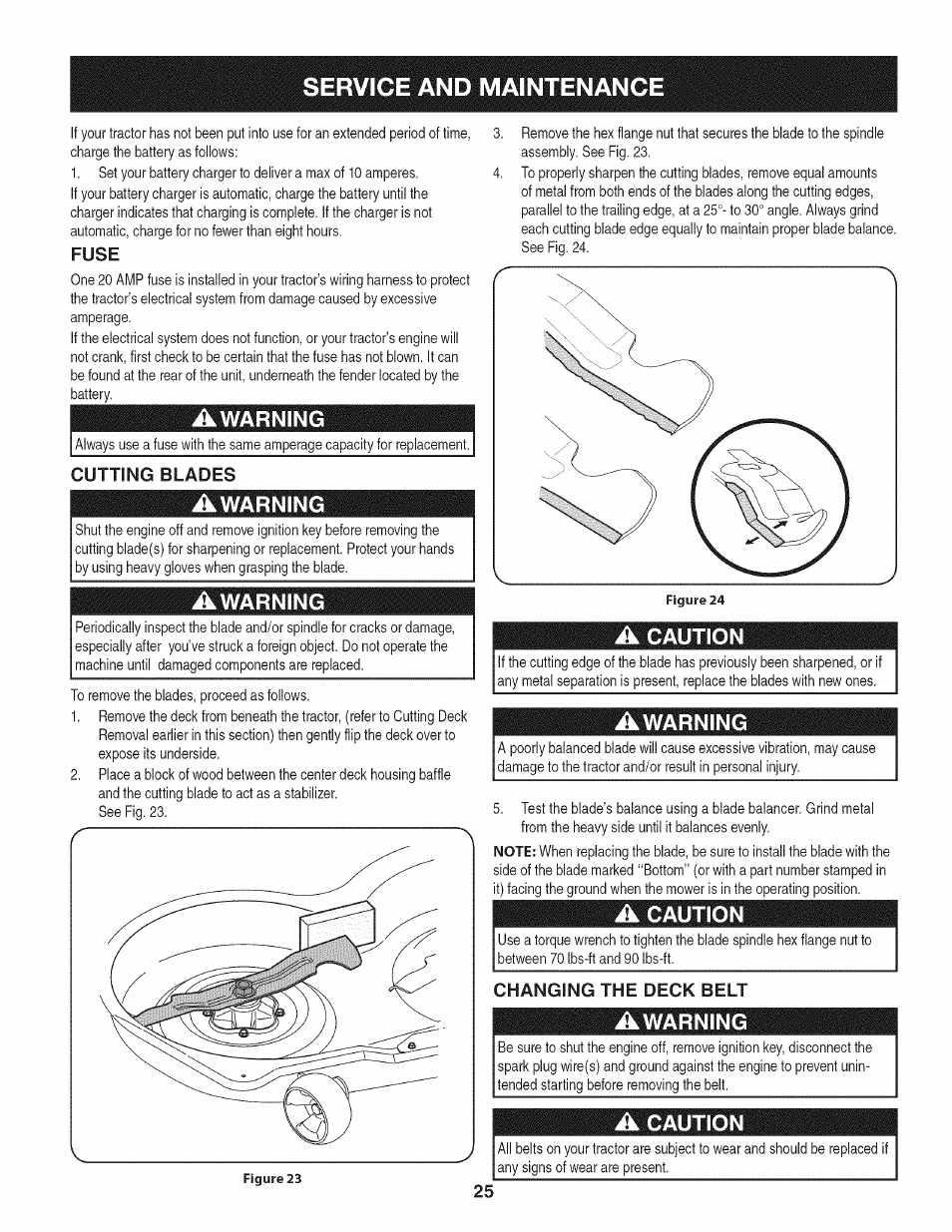 Fuse, A caution, Changing the deck belt | Awarning, Service and maintenance | Craftsman 247.28905 User Manual | Page 25 / 92