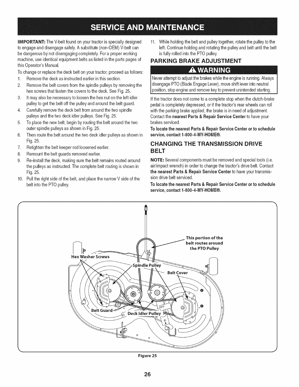 Parking brake adjustment, Awarning, Changing the transmission drive belt | Service and maintenance | Craftsman 247.28905 User Manual | Page 26 / 92