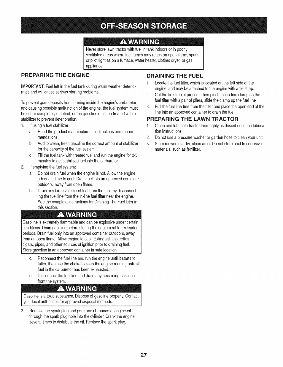 Awarning, Preparing the engine, Draining the fuel | Preparing the lawn tractor, Off-season storage | Craftsman 247.28905 User Manual | Page 27 / 92