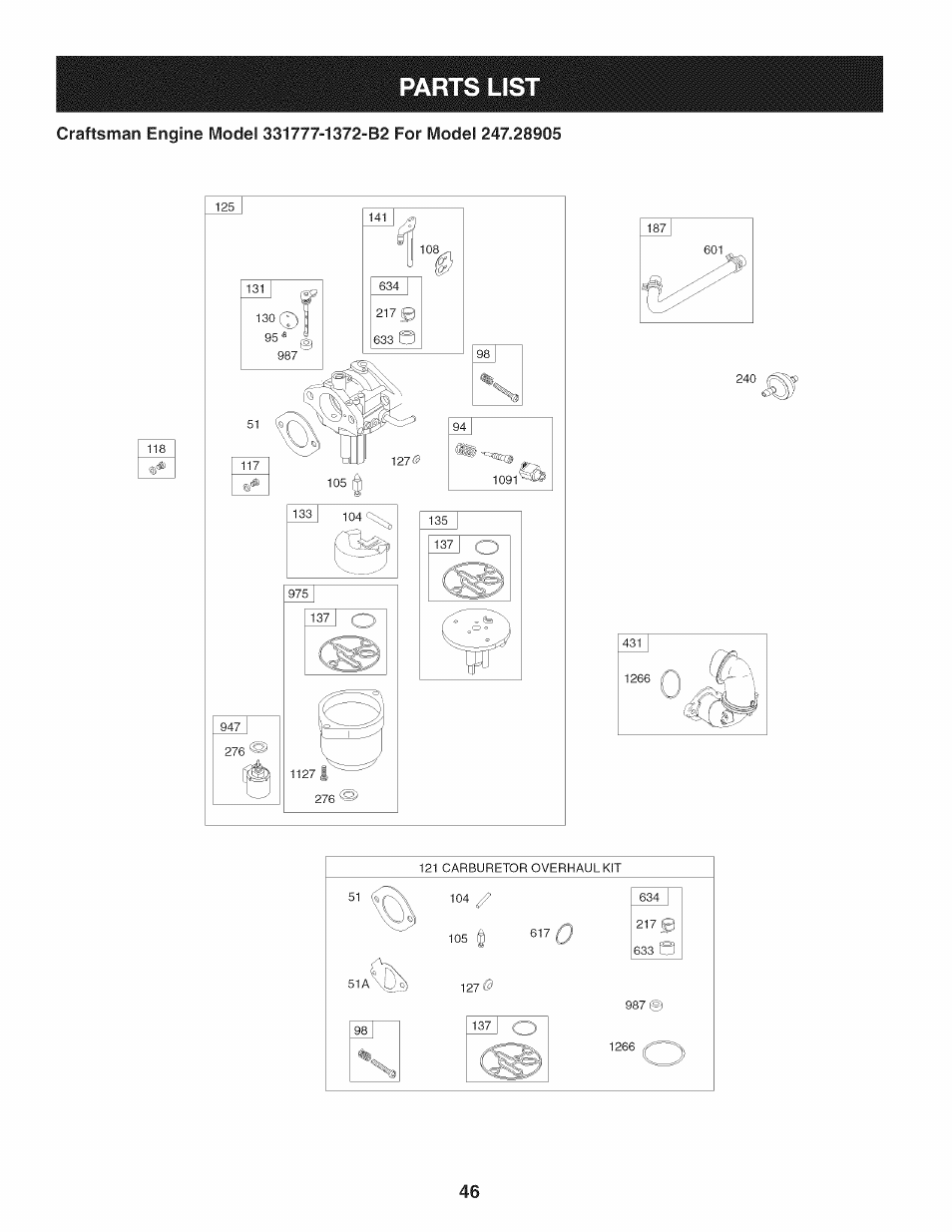 Parts list | Craftsman 247.28905 User Manual | Page 46 / 92