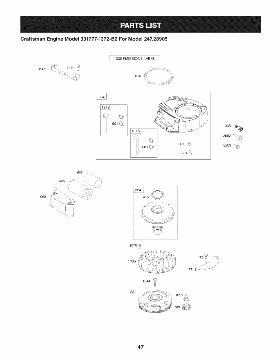 Parts list | Craftsman 247.28905 User Manual | Page 47 / 92