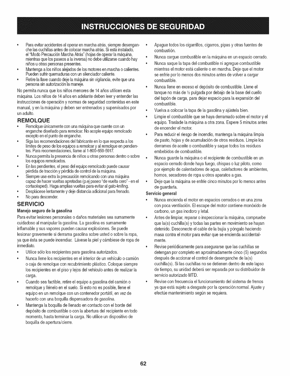 Remolque, Servicio, Instrucciones de segurida | Craftsman 247.28905 User Manual | Page 62 / 92