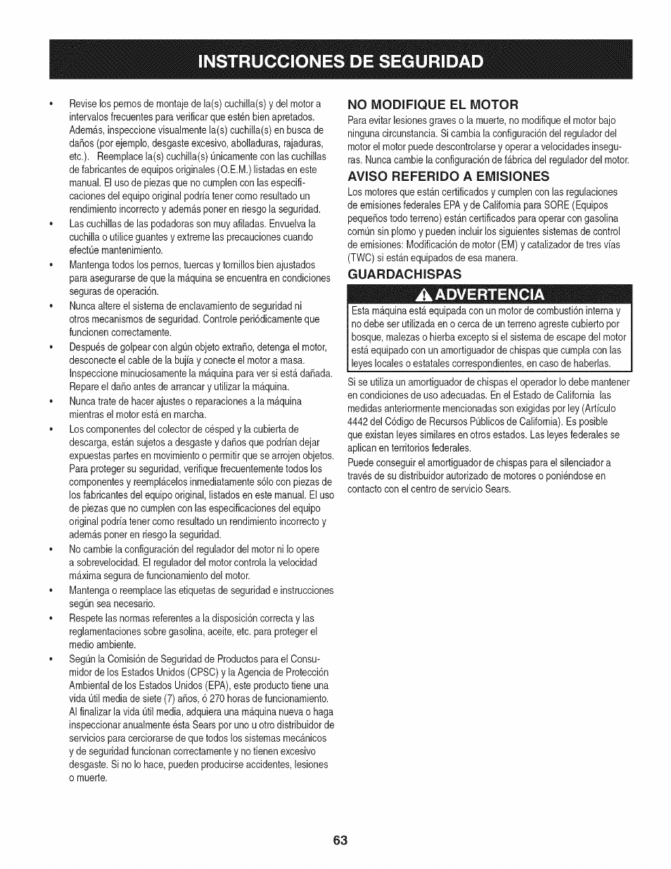 No modifique el motor, Aviso referido a emisiones, Guardachispas | Aadvertencia, Instrucciones de seguridad | Craftsman 247.28905 User Manual | Page 63 / 92