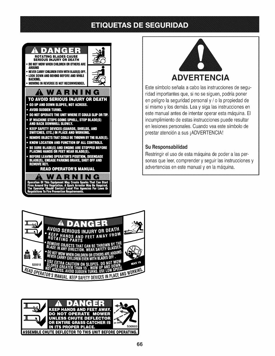 A danger, A warning, Ïïï’ sehious injury or oehh »or!ríí2“p®,í?s | Nfvlces, Fili, Or!ríí2“p®,í?s, Advertencia, Etiquetas de seguridad, Danger | Craftsman 247.28905 User Manual | Page 66 / 92