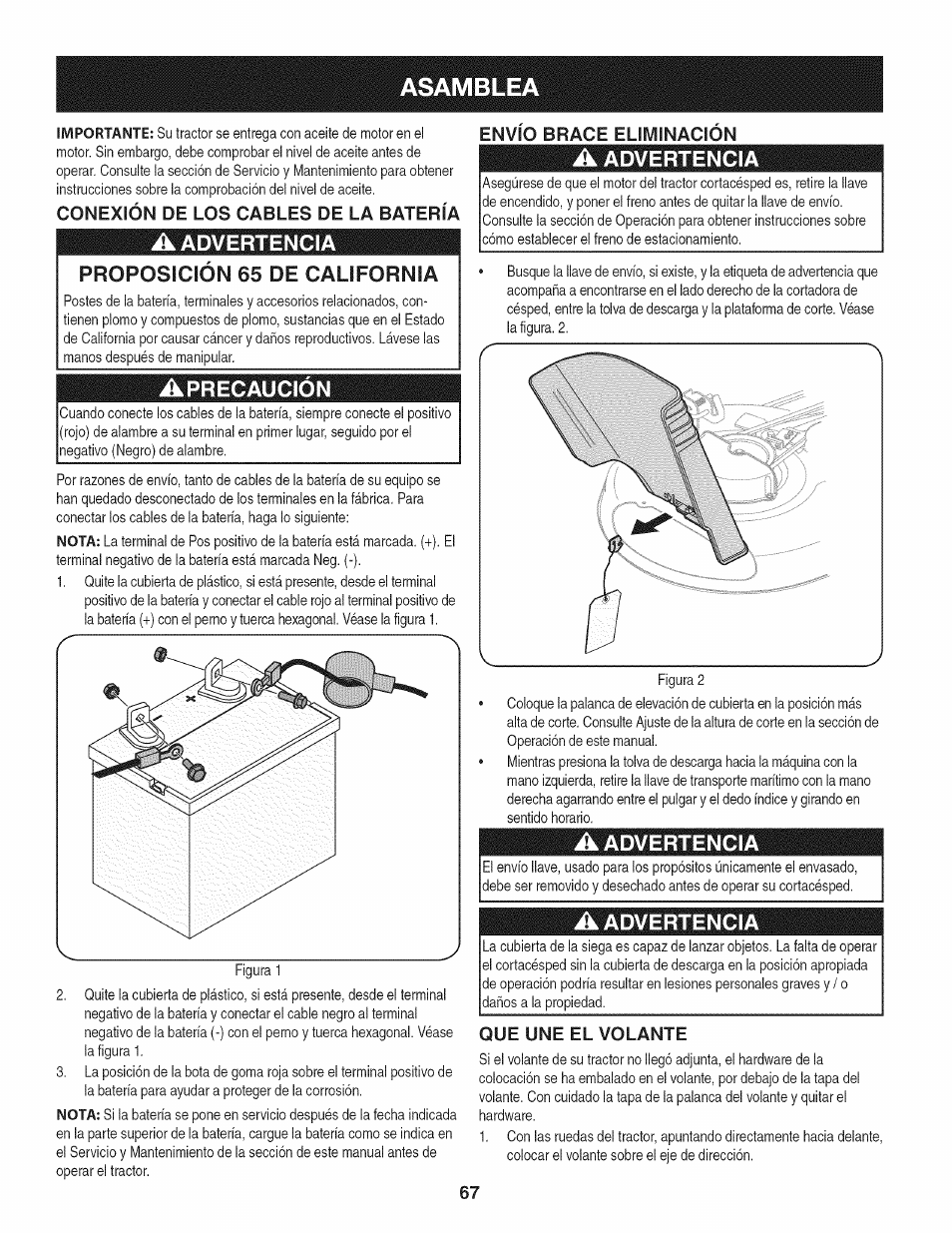 Conexión de los cables de la batería, A advertencia, Aprecaución | Envio brace eliminacion, Que une el volante, Asamblea, A advertencia proposicion 65 de california | Craftsman 247.28905 User Manual | Page 67 / 92