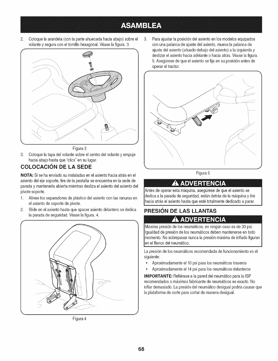 A advertencia, Presion de las llantas, Asamblea | Craftsman 247.28905 User Manual | Page 68 / 92