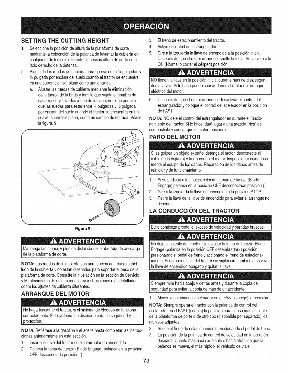A advertencia, Paro del motor, La conducción del tractor | Operacion, Setting the cutting height, Arranque del motor | Craftsman 247.28905 User Manual | Page 73 / 92