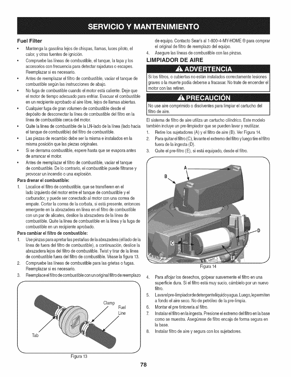 Fuel filter, Limpiador de aire, A advertencia | A precaución, Servicio y mantenimiento | Craftsman 247.28905 User Manual | Page 78 / 92