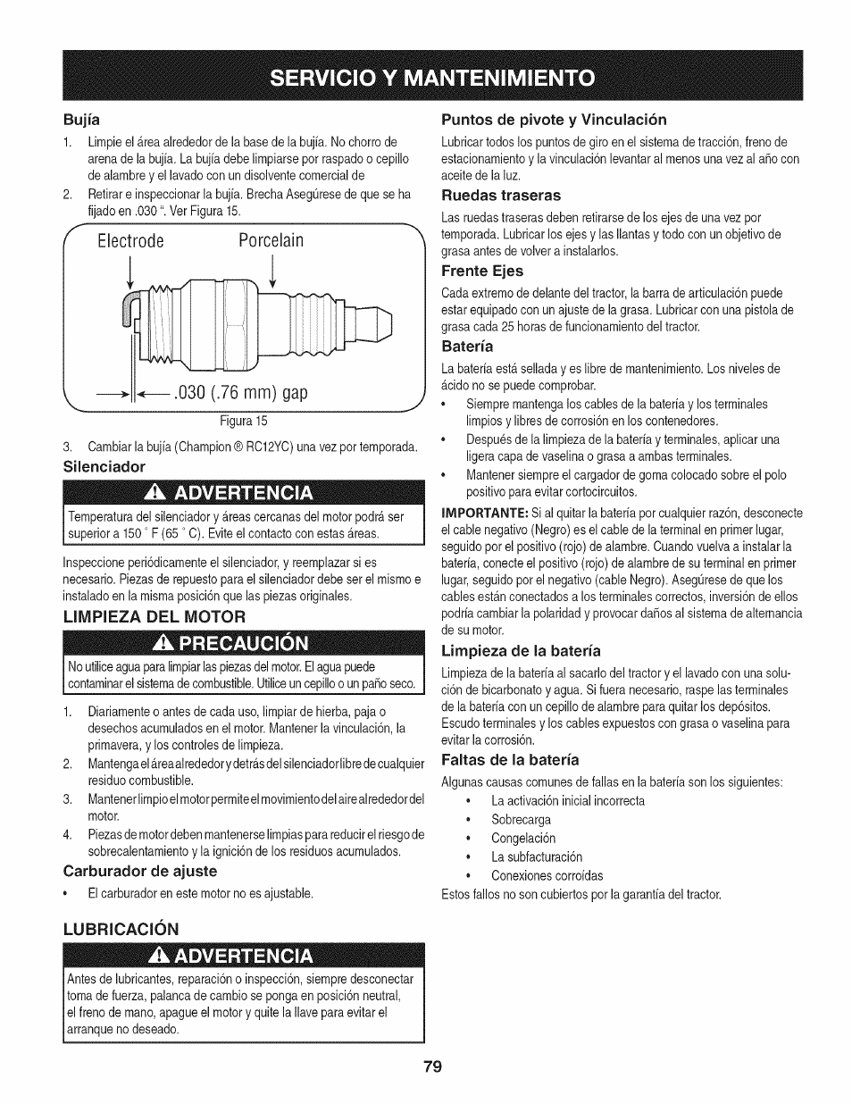 Bujía, Silenciador, A advertencia | Limpieza del motor, A precaución, Carburador de ajuste, Puntos de pivote y vinculación, Ruedas traseras, Frente ejes, Batería | Craftsman 247.28905 User Manual | Page 79 / 92