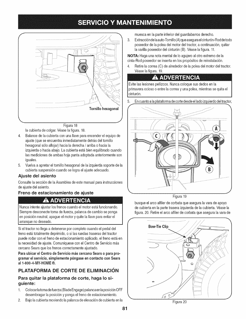 A advertencia, Ajuste del asiento, Freno de estacionamiento de ajuste | Plataforma de corte de eliminación, Servicio y mantenimiento | Craftsman 247.28905 User Manual | Page 81 / 92