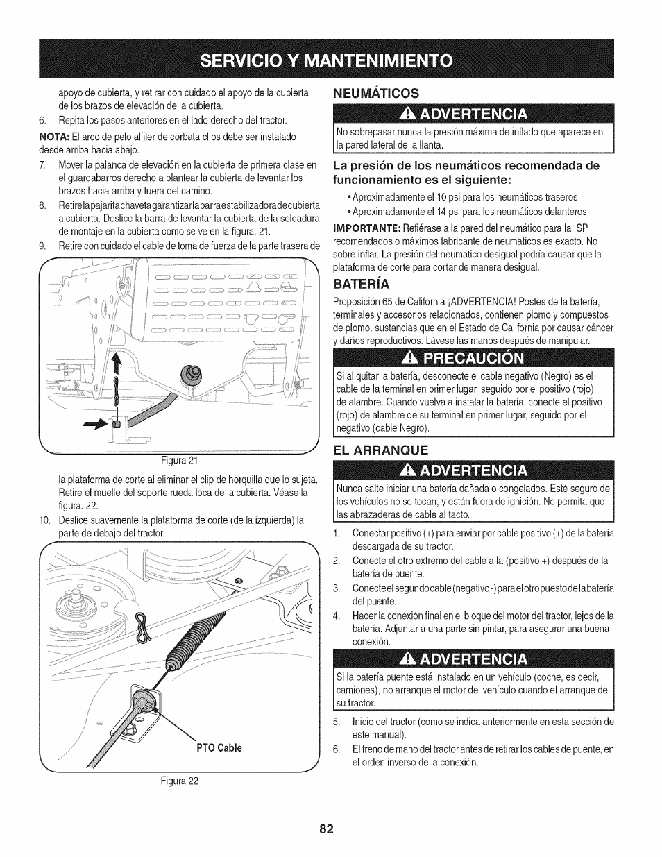 Neumaticos, A advertencia, Batería | A precaución, El arranque, Servicio y mantenimiento | Craftsman 247.28905 User Manual | Page 82 / 92