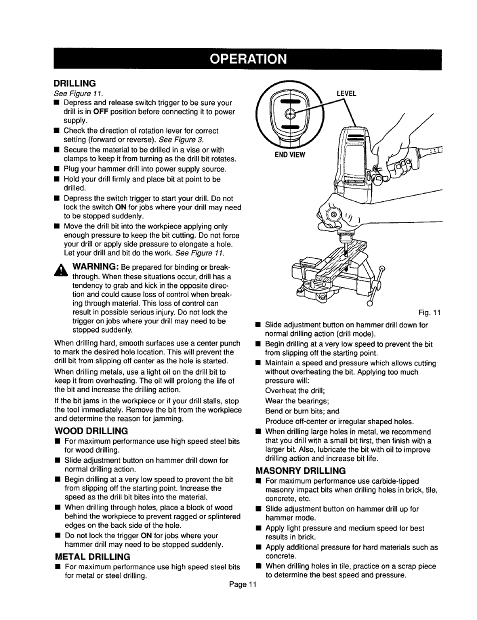 Drilling, Wood drilling, Metal drilling | Masonry drilling, Operation | Craftsman 315.101360 User Manual | Page 11 / 15