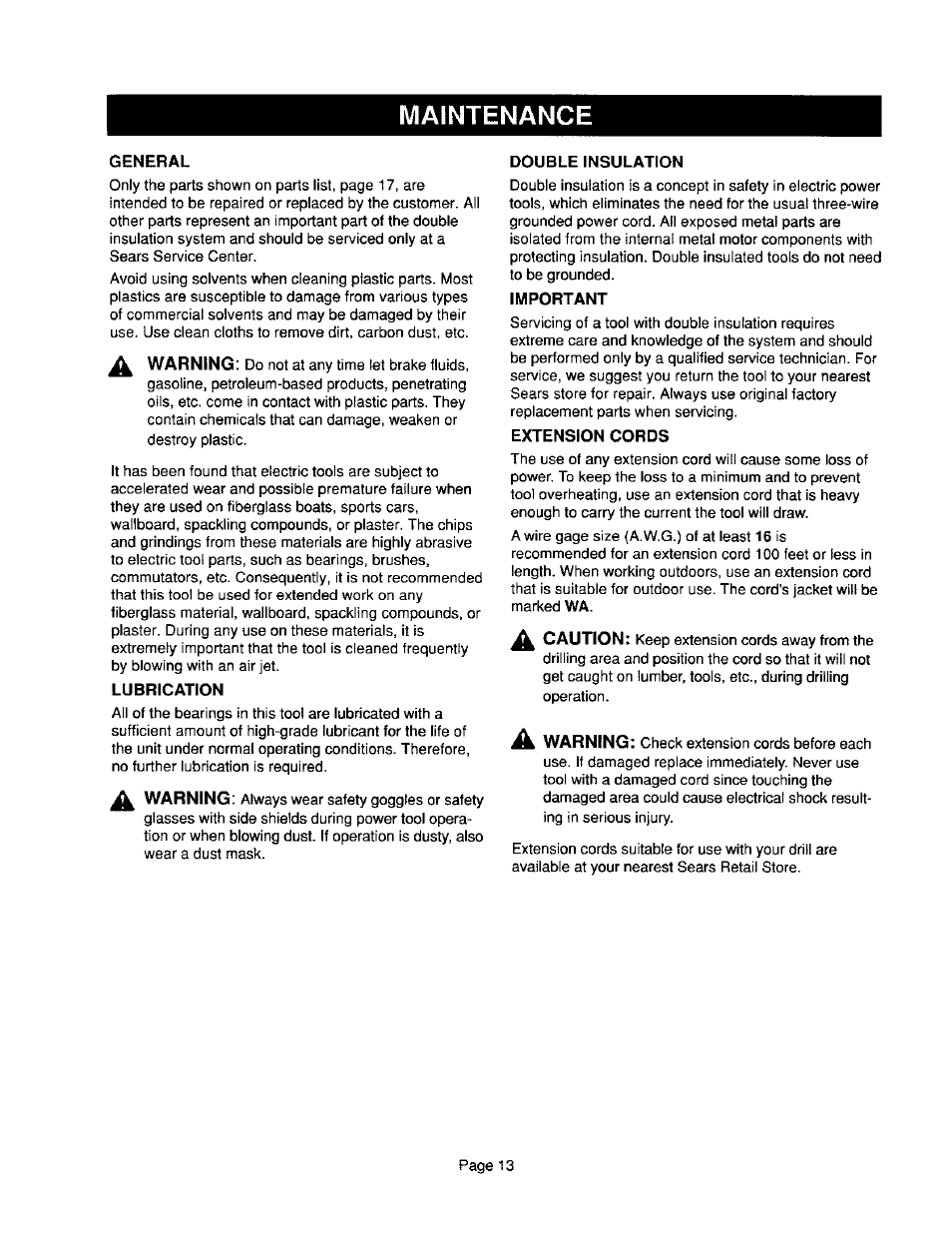 Maintenance | Craftsman 315.101360 User Manual | Page 13 / 15