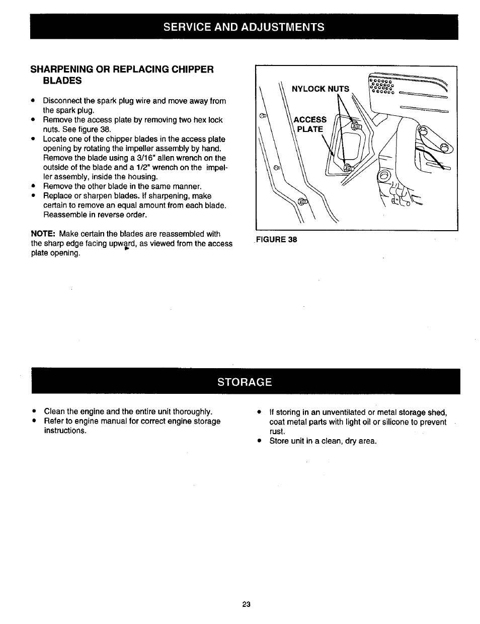 Service and adjustments, Sharpening or replacing chipper blades | Craftsman 486.24516 User Manual | Page 23 / 32