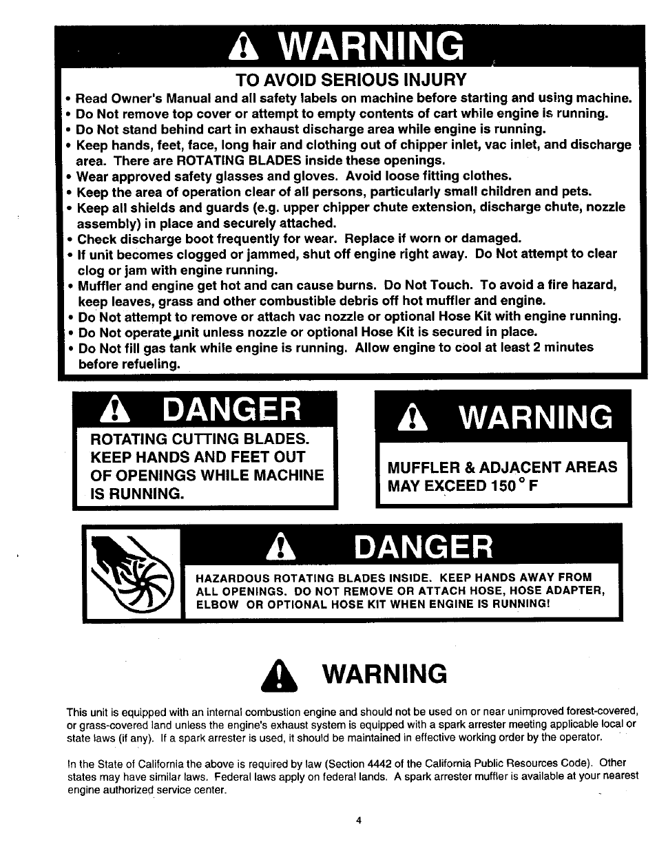 A warning, Warning | Craftsman 486.24516 User Manual | Page 4 / 32