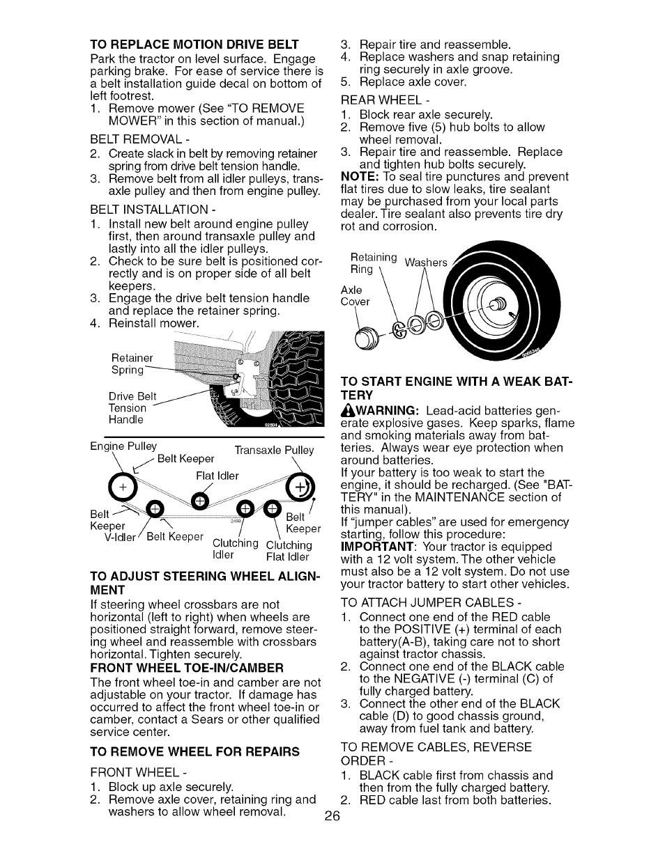 To replace motion drive belt, To adjust steering wheel alignment, To remove wheel for repairs | To start engine with a weak battery | Craftsman 917.276240 User Manual | Page 26 / 60