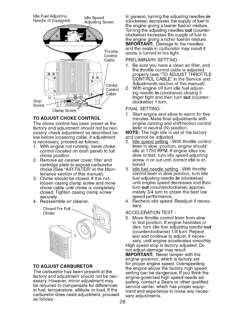 To adjust choke control, To adjust carburetor | Craftsman 917.276240 User Manual | Page 28 / 60