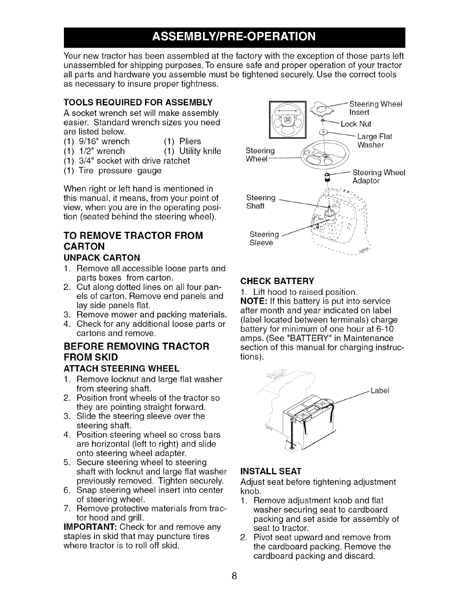Assembly/pre-operation, Tools required for assembly, To remove tractor from | Carton, Unpack carton, Before removing tractor from skid, Attach steering wheel, Check battery, Install seat | Craftsman 917.276240 User Manual | Page 8 / 60