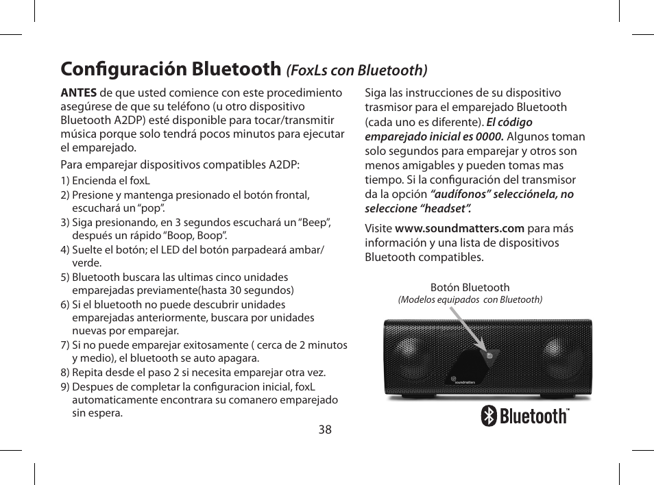 Configuración bluetooth, Foxls con bluetooth) | Soundmatters FOXL User Manual | Page 39 / 52