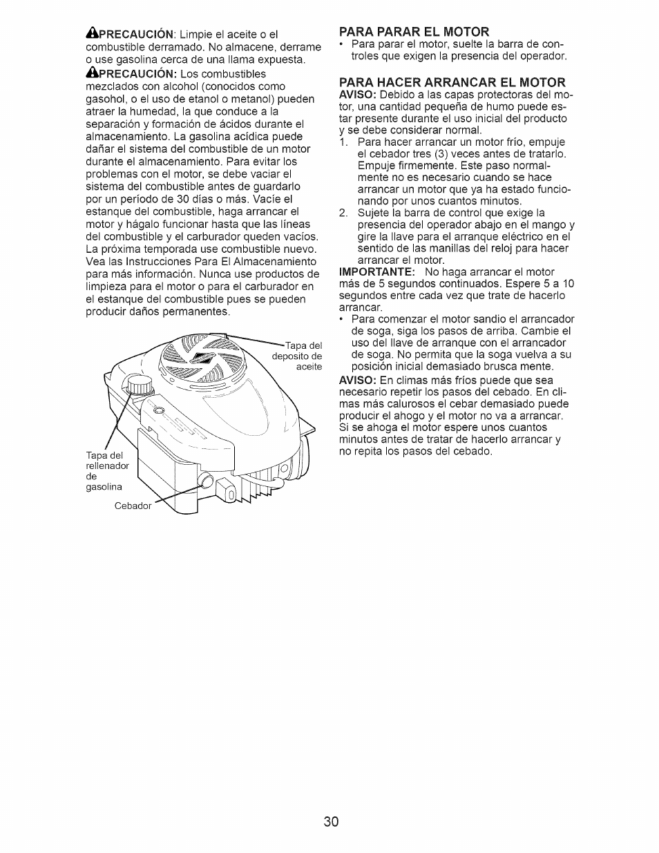 Para parar el motor, Para hacer arrancar el motor | Craftsman 917.376242 User Manual | Page 30 / 52