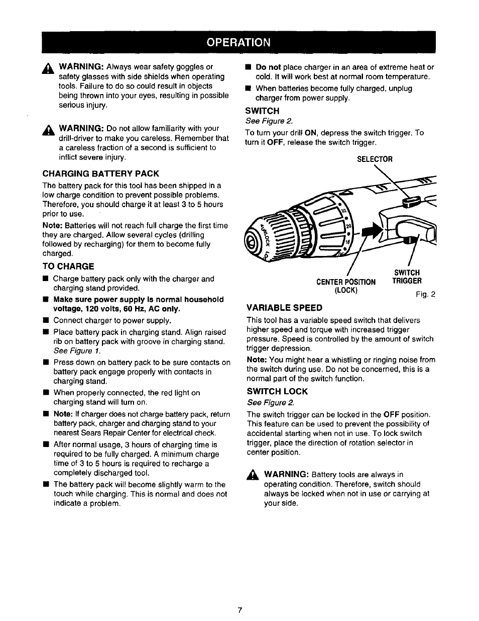 Charging battery pack, To charge, Switch | Variable speed, Switch lock, Operation | Craftsman 973.111291 User Manual | Page 7 / 16