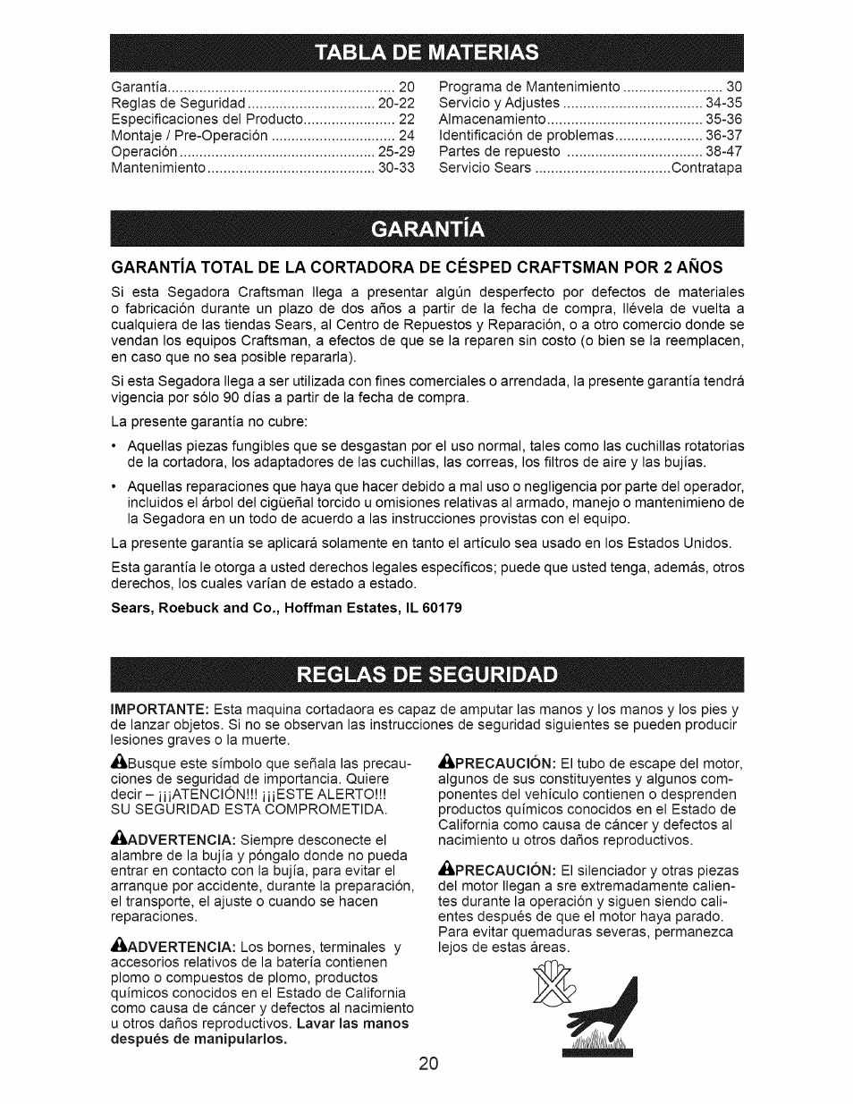 Tabla de materias, Garantia, Reglas de seguridad | Craftsman 917.374093 User Manual | Page 20 / 48