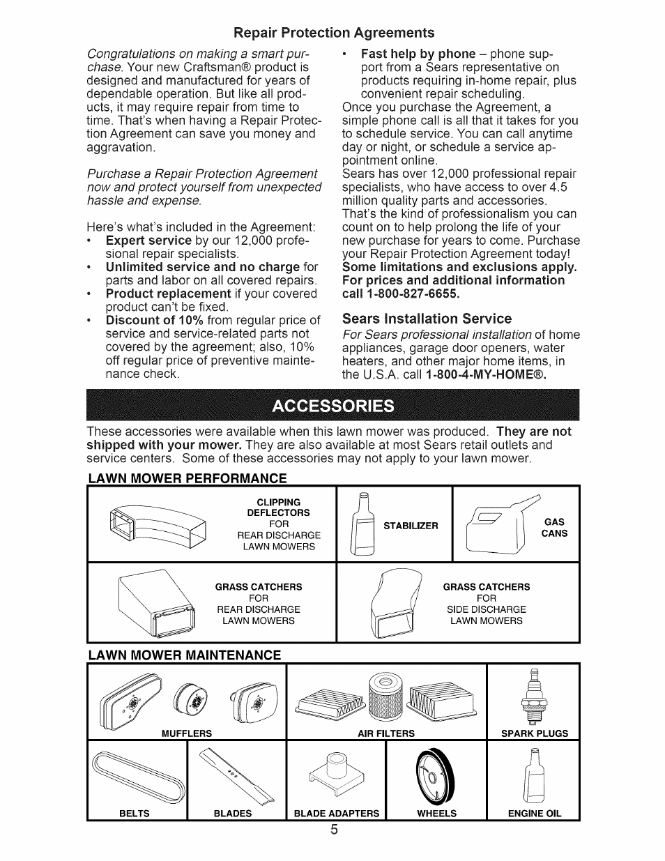 Accessories, Repair protection agreements | Craftsman 917.374093 User Manual | Page 5 / 48
