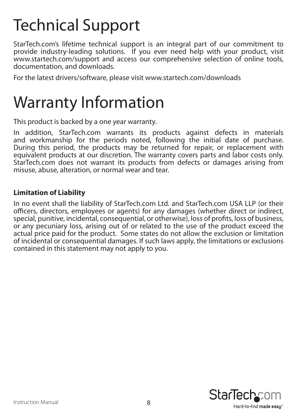 Technical support, Warranty information | StarTech.com USB2VGAE2 User Manual | Page 11 / 12