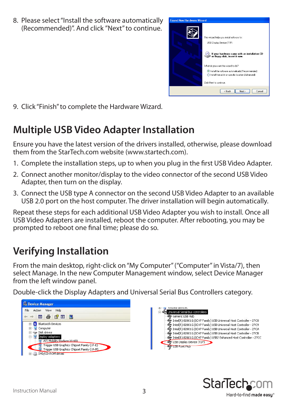 Multiple usb video adapter installation, Verifying installation | StarTech.com USB2VGAE2 User Manual | Page 6 / 12