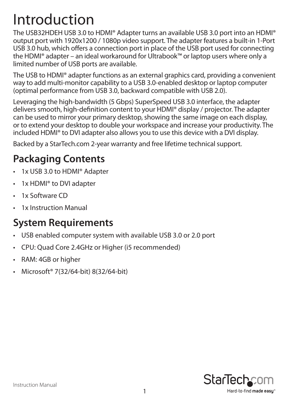 Introduction, Packaging contents, System requirements | StarTech.com USB32HDEH User Manual | Page 4 / 13