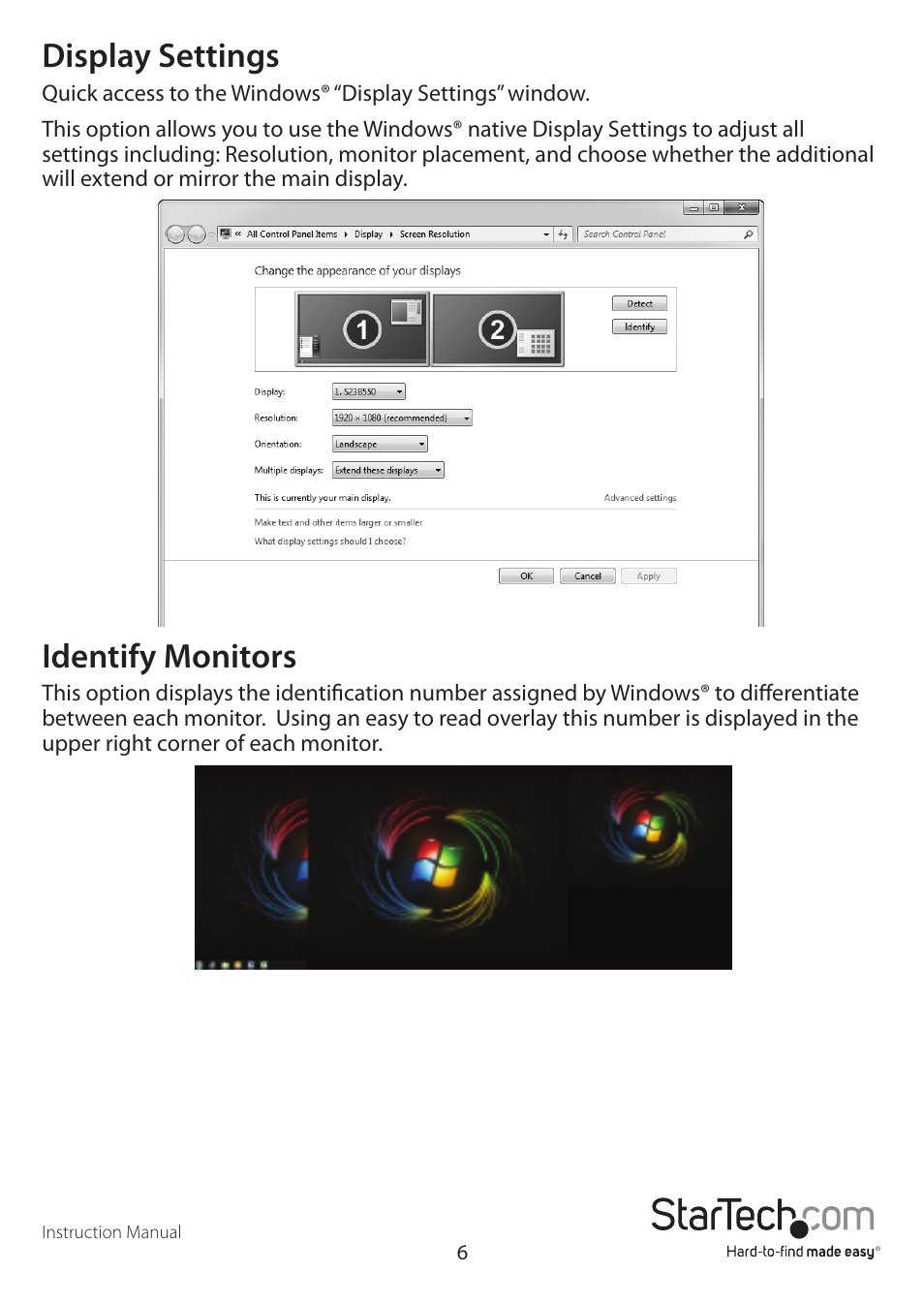 Display settings, Identify monitors | StarTech.com USB32HDEH User Manual | Page 9 / 13