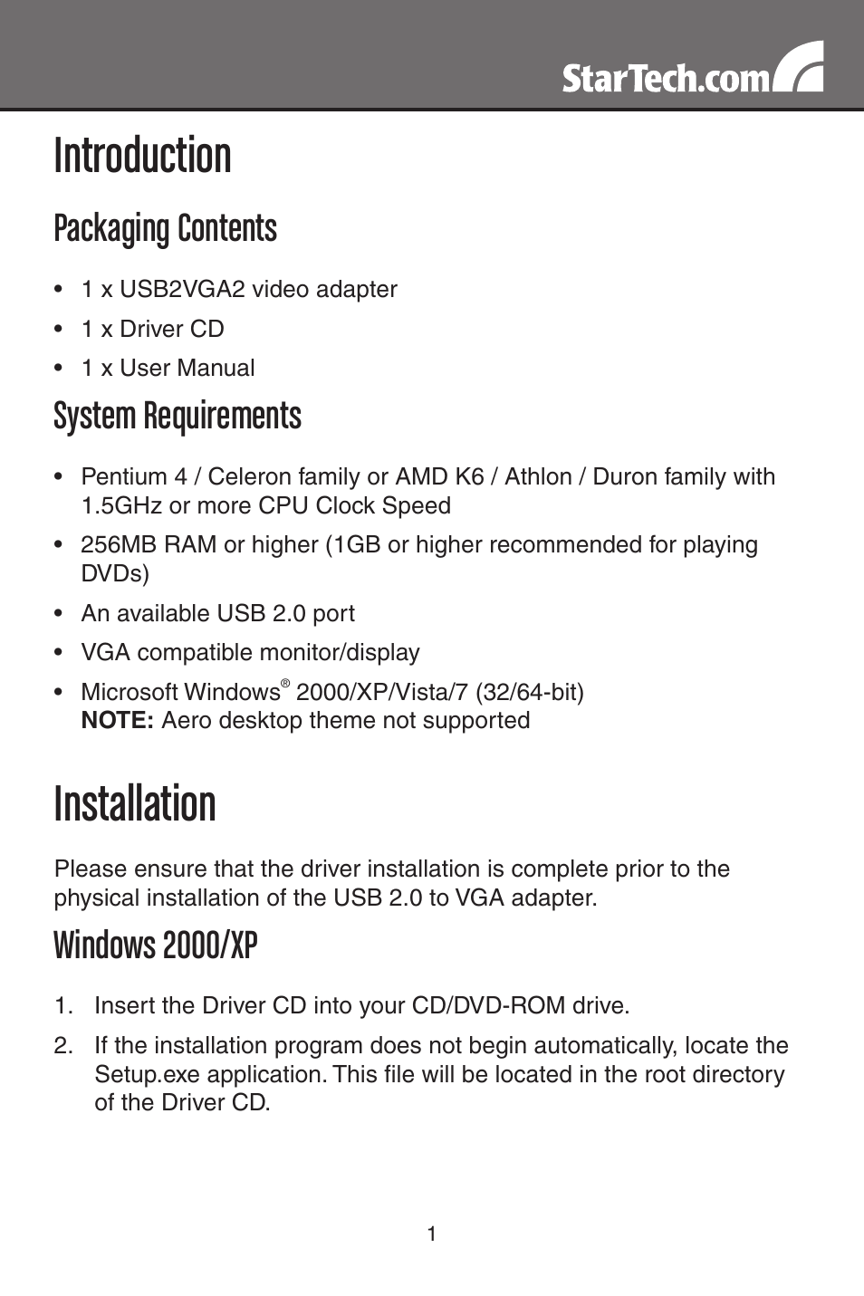 Introduction, Installation, Packaging contents | System requirements, Windows 2000/xp | StarTech.com USB2VGA2 User Manual | Page 4 / 15