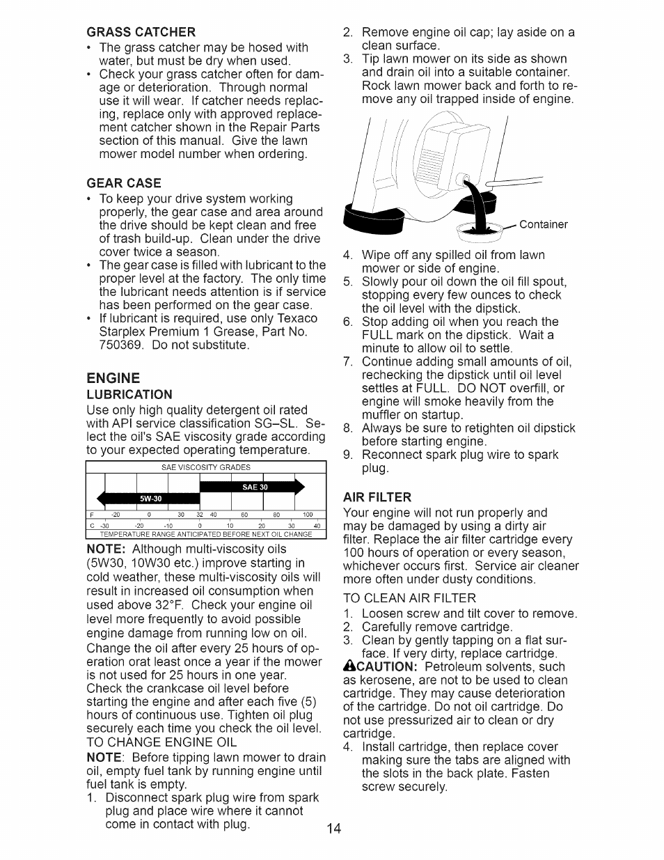 Gear case, Lubrication, Air filter | Craftsman 917.376231 User Manual | Page 14 / 48