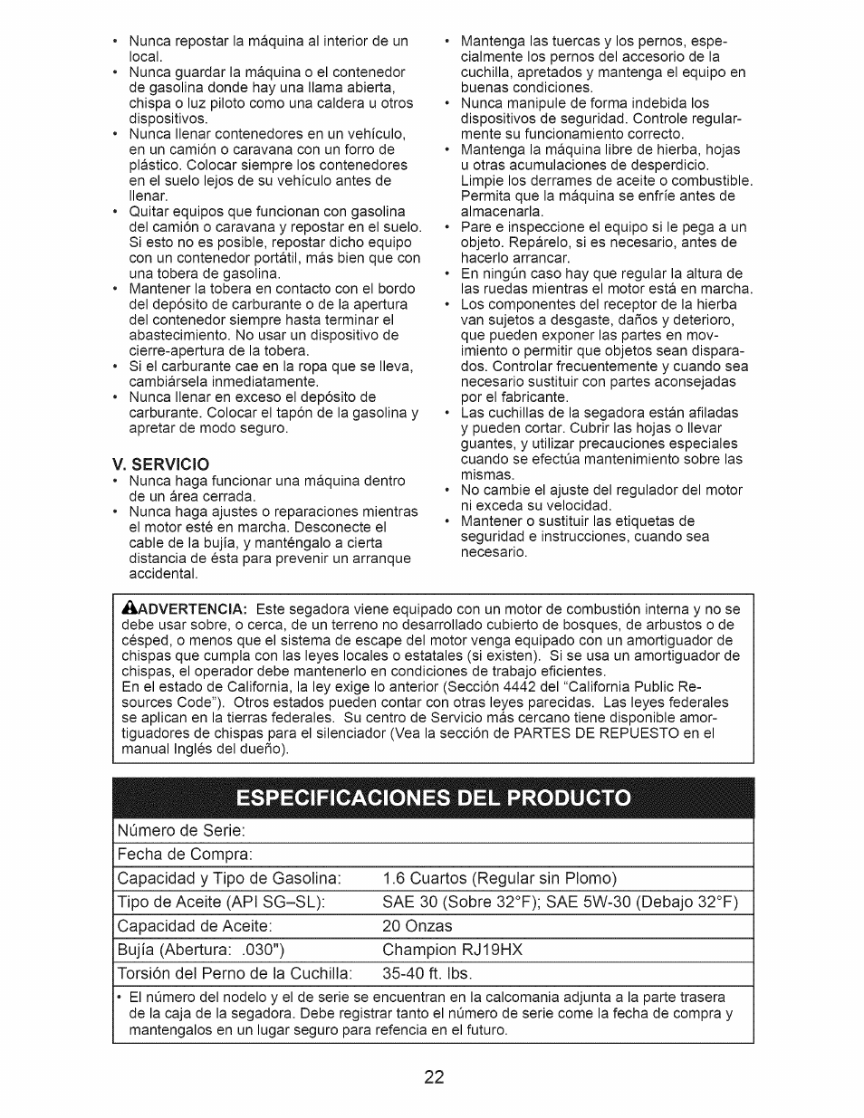 V. servicio, Especificaciones del producto | Craftsman 917.376231 User Manual | Page 22 / 48