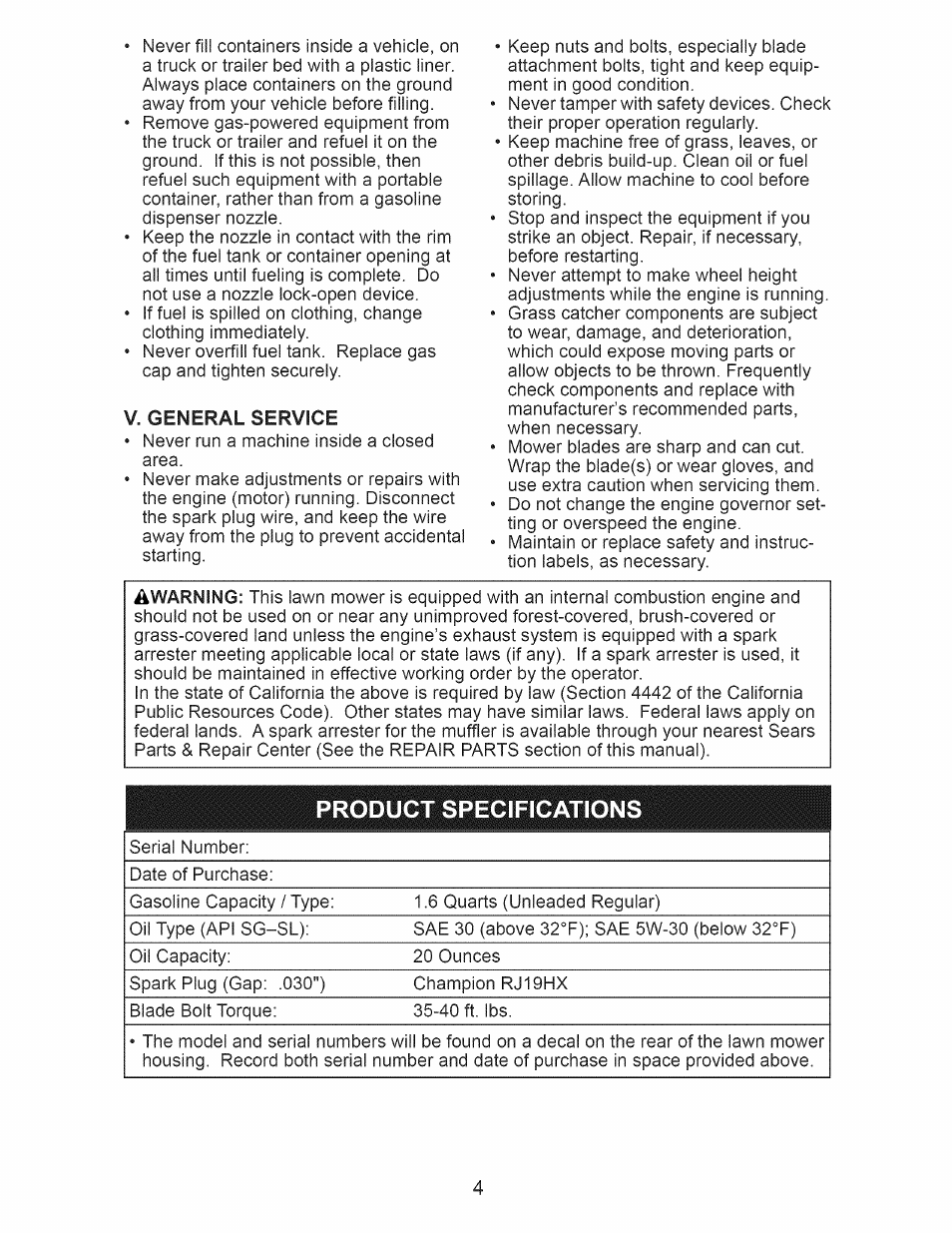 Product specifications | Craftsman 917.376231 User Manual | Page 4 / 48