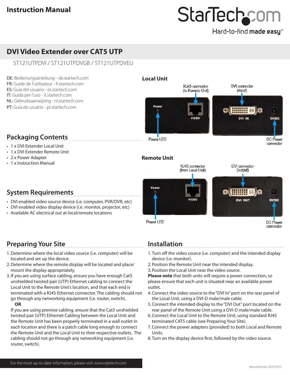 StarTech.com ST121UTPDVEU User Manual | 2 pages