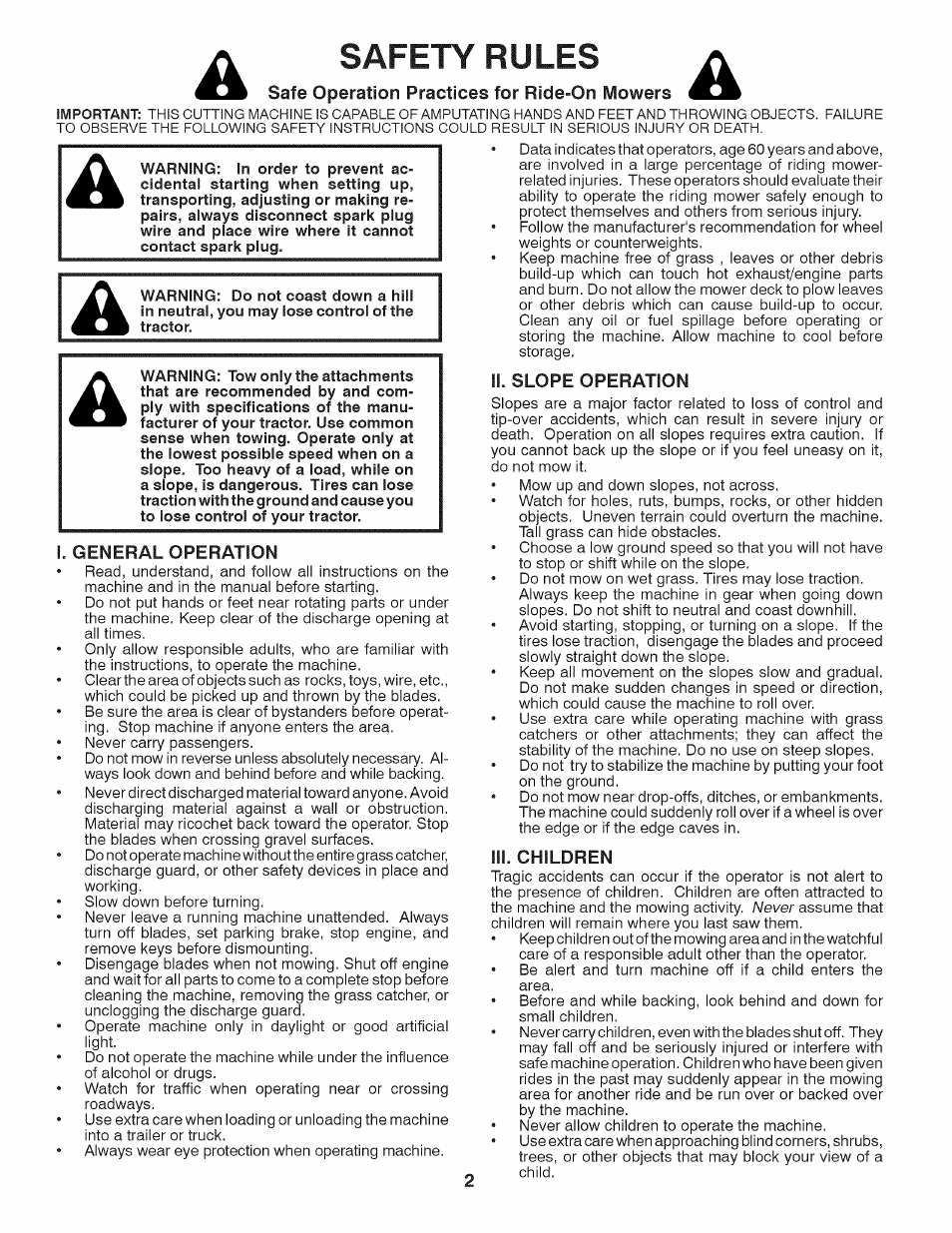 I. general operation, Ii. slope operation, Iii. children | Safety rules | Craftsman 917.24903 User Manual | Page 2 / 12