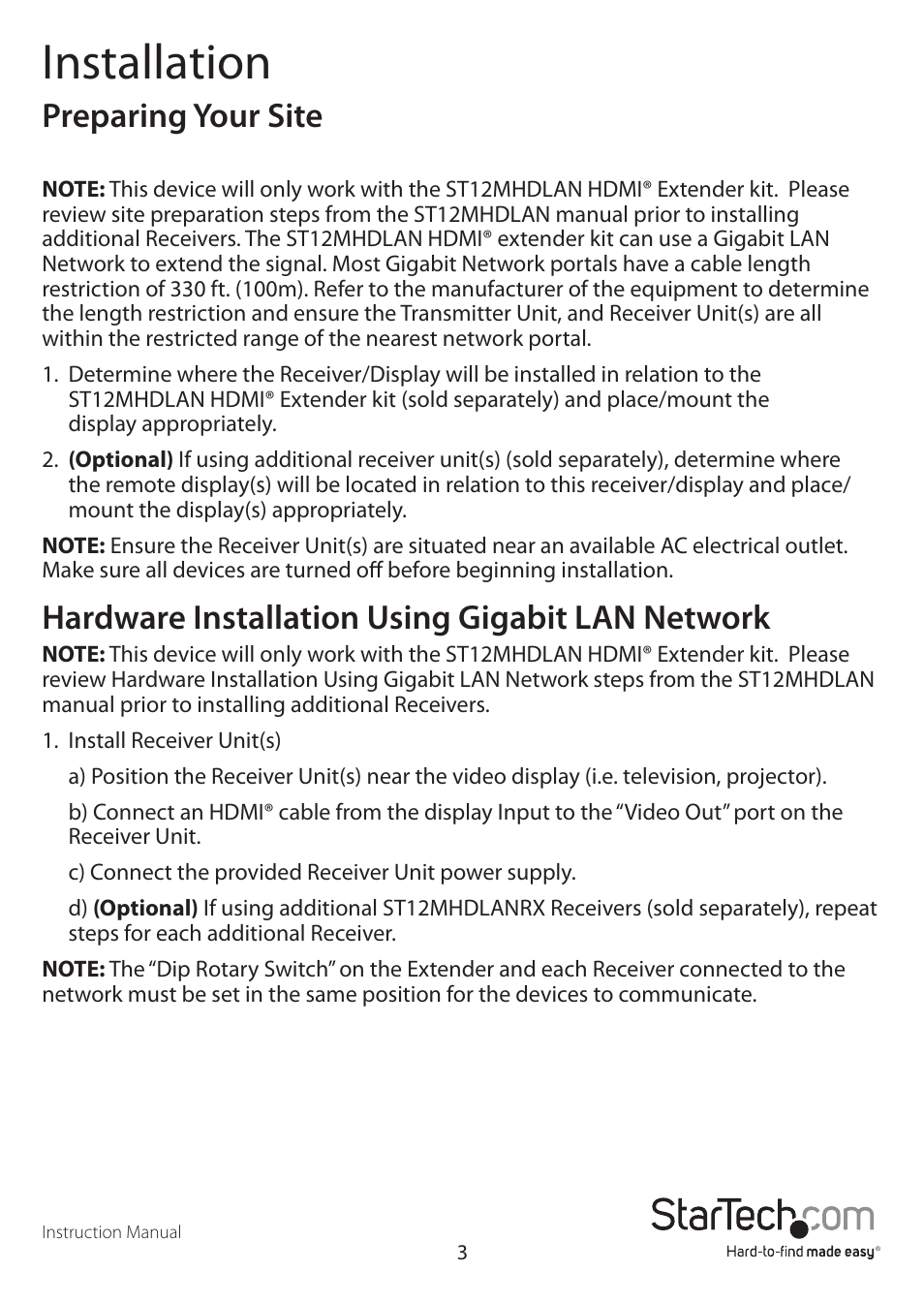 Installation, Preparing your site, Hardware installation using gigabit lan network | StarTech.com ST12MHDLANRX User Manual | Page 6 / 10